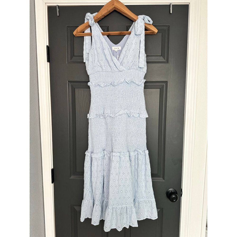 Summer Dress Light Blue Midi Smocked Ruffled Embrodiered Easter Size Medium - Picture 3 of 7